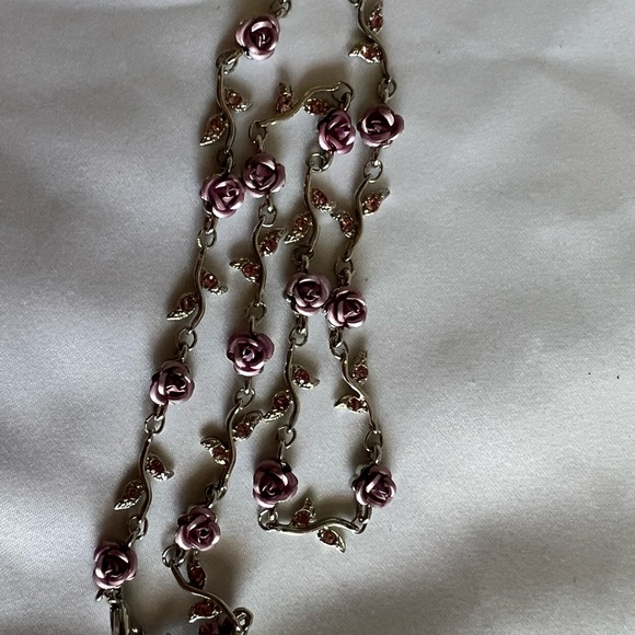 Purple Rose And Pink Rhinestone Silver Toned Necklace - Picture 2 of 3